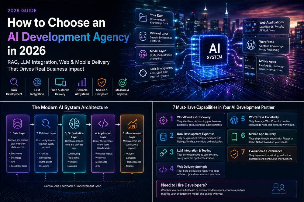 Checklist-style visual comparing agency evaluation criteria for AI, web, and mobile delivery